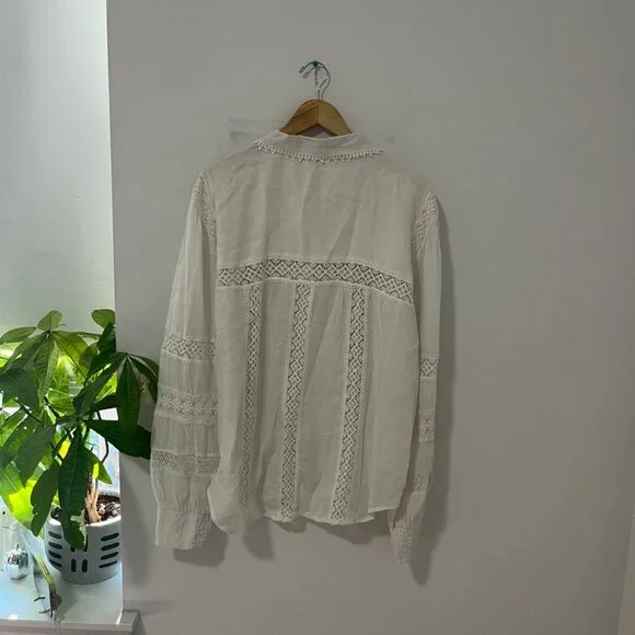 By Anthropologie Cream White Eyelet Cutout Button Up Top Size XL - Picture 7 of 7